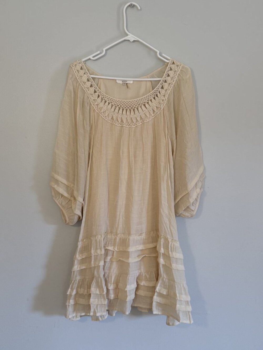 Entro Cream Boho Crochet Neckline Tiered Ruffle Mini Dress Tunic Size M